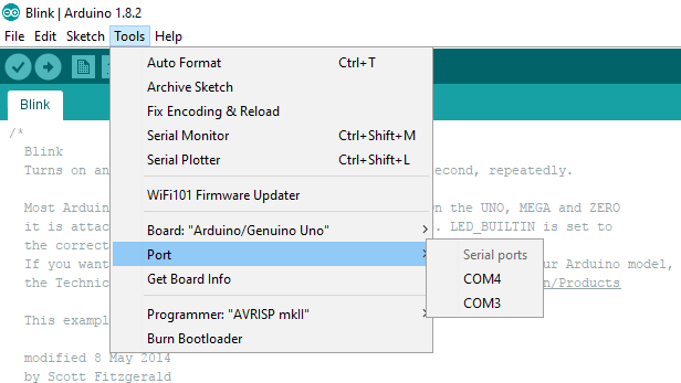Port Selection in Arduino Programming IDE