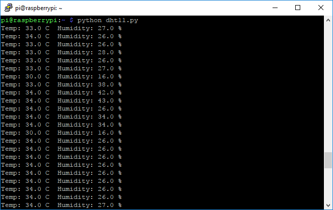 Screenshot of DHT11 Temperature and Humidity Sensor in Raspberry Pi