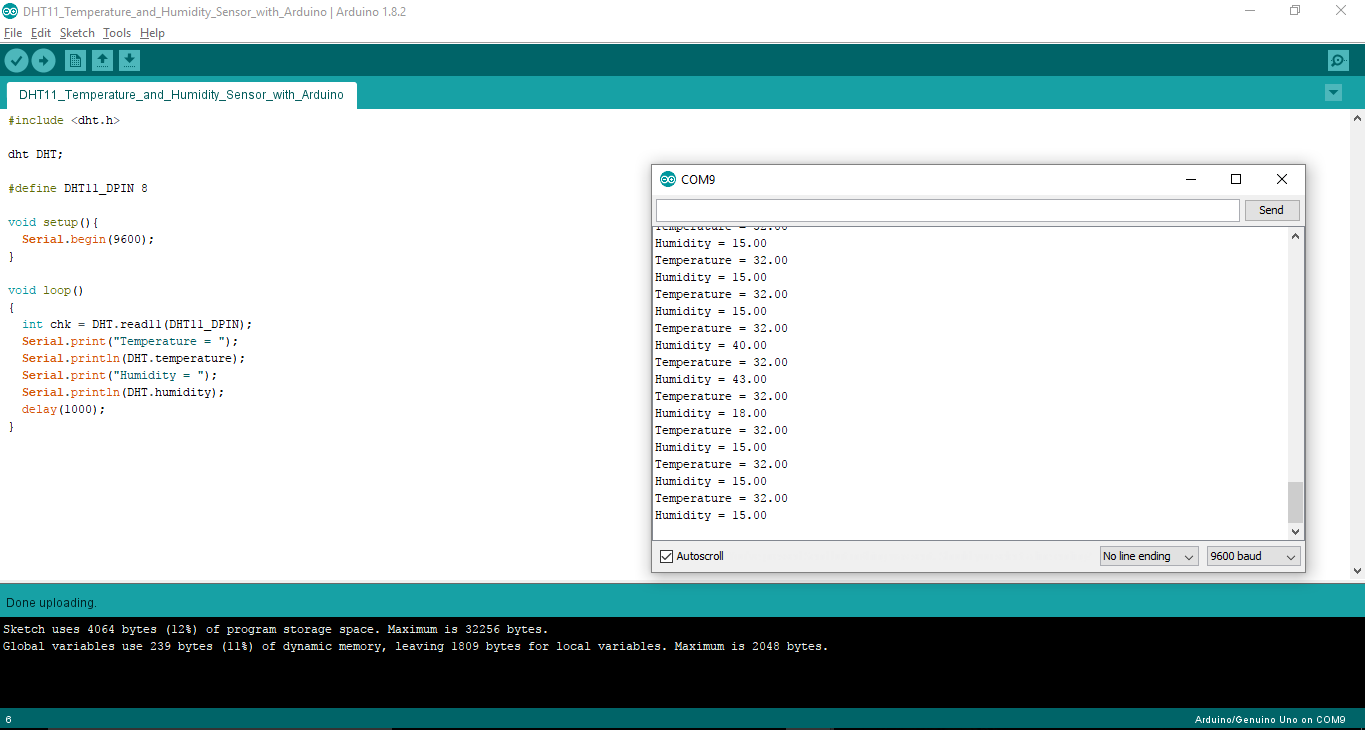 Screenshot of DHT11 Temperature and Humidity Sensor with Arduino